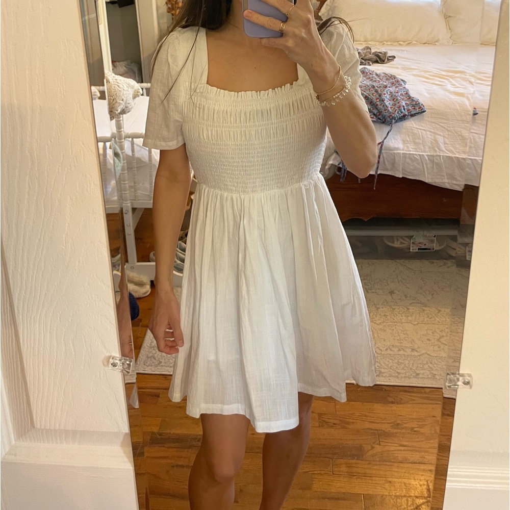 White Smocked Top Dress with Puff Sleeves